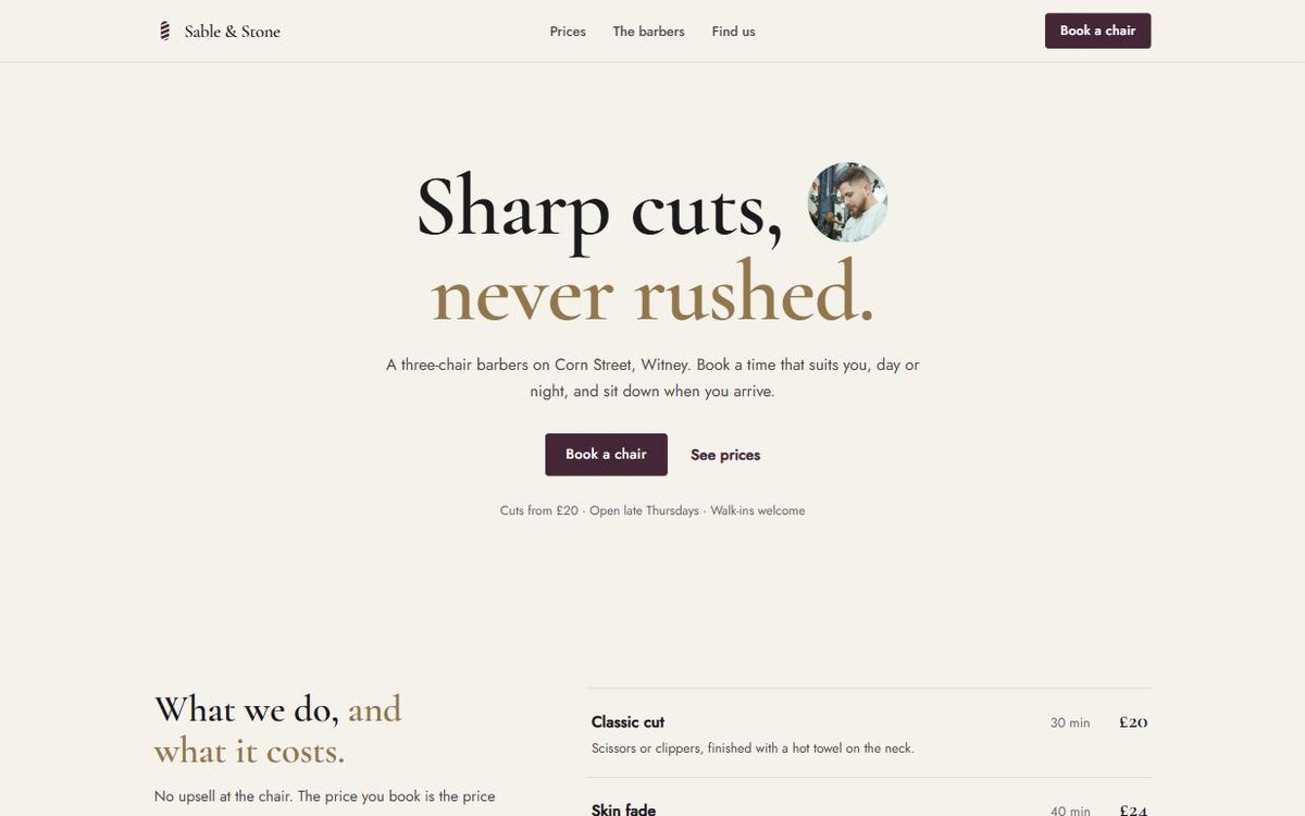 Sable & Stone, the homepage of a concept website for a barbers in Witney